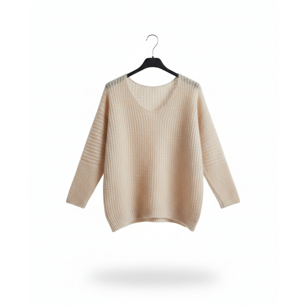 Pulover Oversize Bej cu Decolteu în V - B030