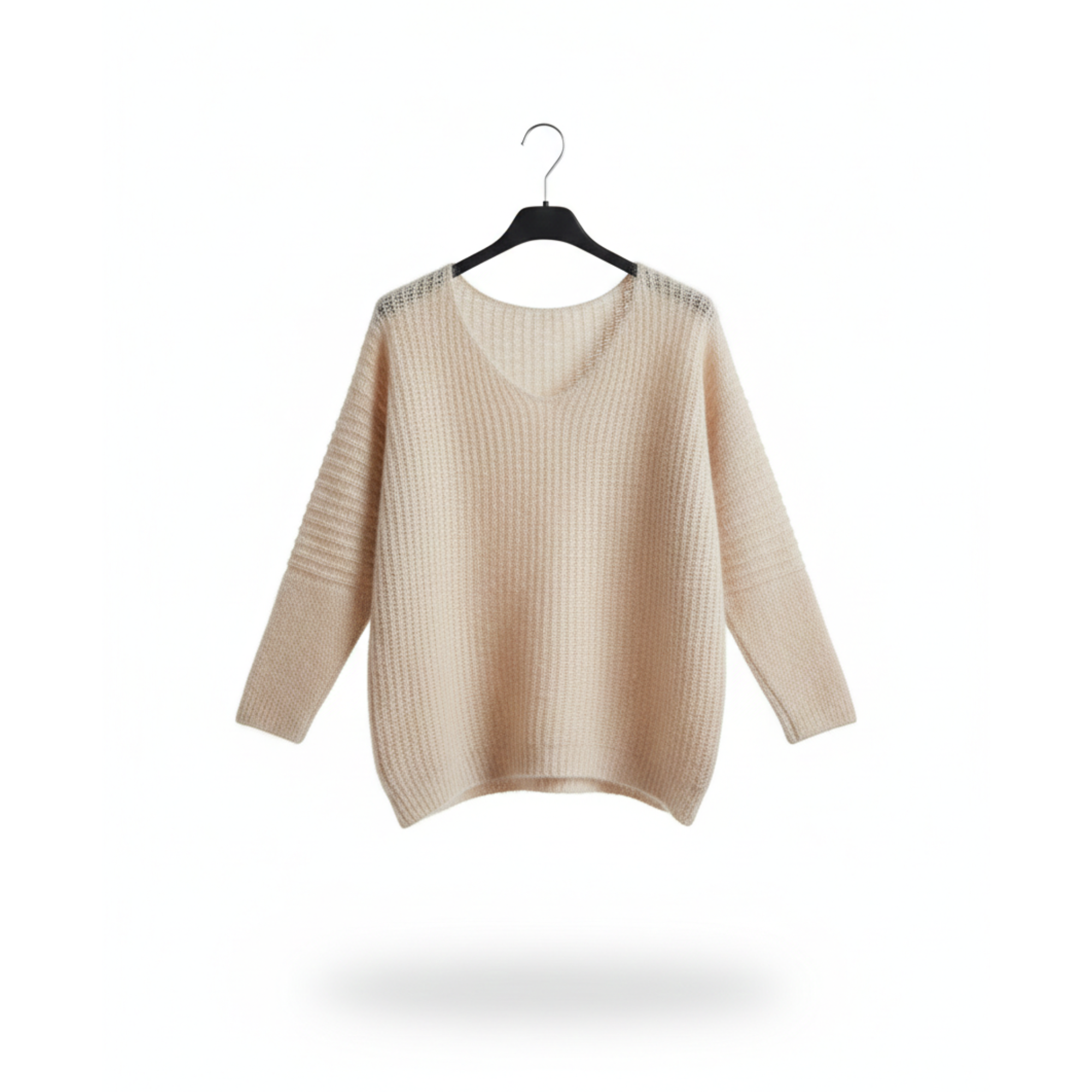 Pulover Oversize Bej cu Decolteu în V - B030